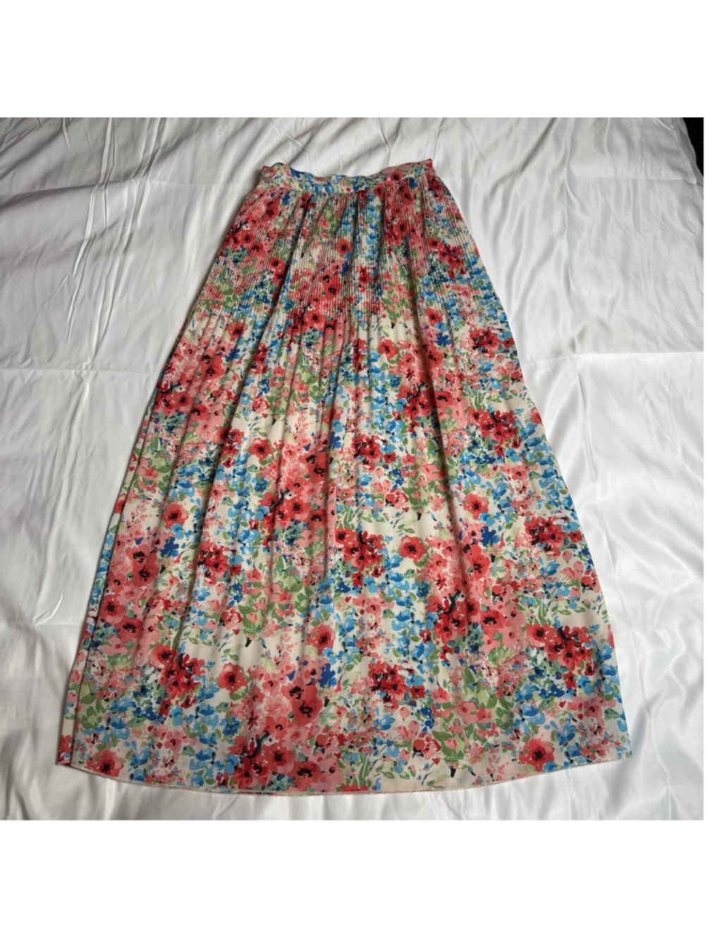 Women's H&M Floral Pleated Maxi Skirt in Red and Blue, Size 2